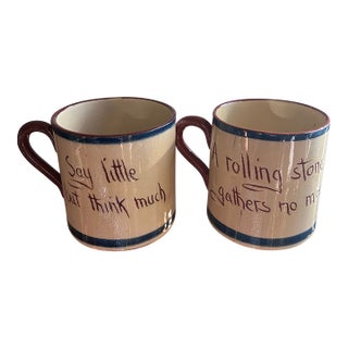 Early 20th Century English Watcombe Mottoware 6oz Pottery Cups. “A Rolling Stone Gathers No Moss” and “Say Little, but Think Much” - a Pair For Sale