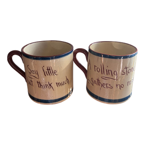 Early 20th Century English Watcombe Mottoware 6oz Pottery Cups. “A Rolling Stone Gathers No Moss” and “Say Little, but Think Much” - a Pair
