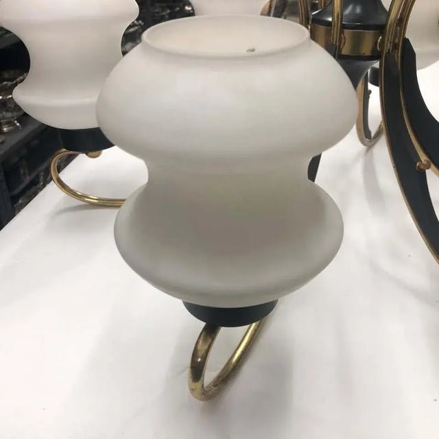 1950s Italian Mid-Century Modern Brass Ebonized Wood and White Glass Chandelier For Sale - Image 12 of 13