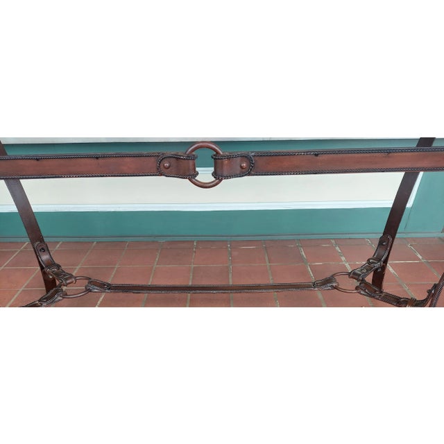 Brown 1970s Vintage Adnet Hermes Faux Leather Iron, Glass and Wood American Western Theme Table For Sale - Image 8 of 13