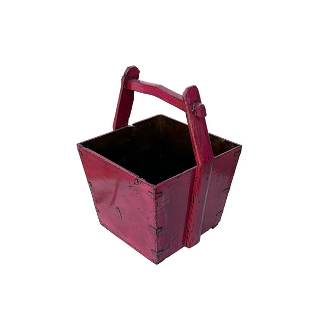 1970s Vintage Rustic Hot Pink Red Square With Handle Wood Bucket For Sale - Image 5 of 6