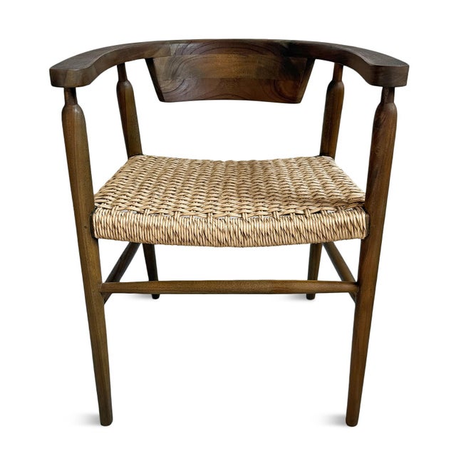 Wood Outdoor Indoor U-Back Woven Seat Mid-Century Coastal Dining Chair For Sale - Image 7 of 14