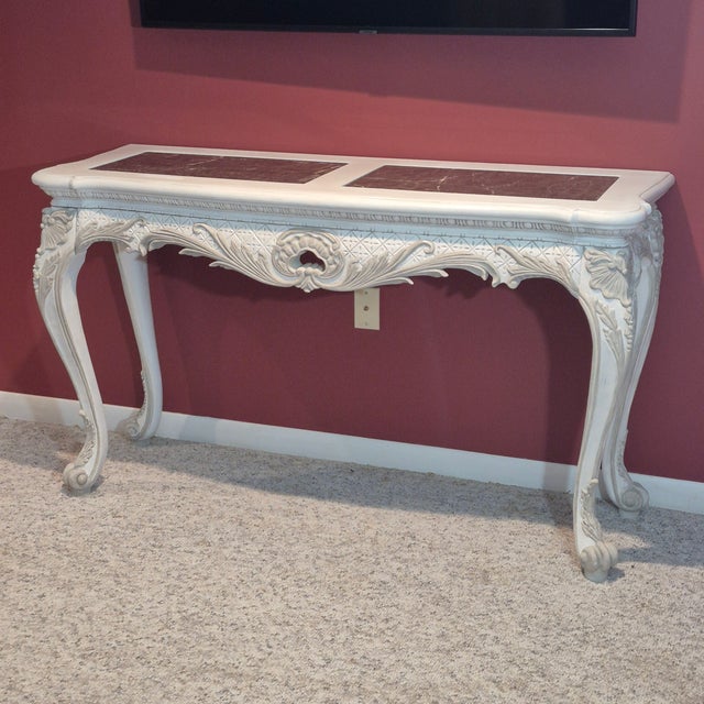 Late 20th Century Louis XV Style Painted Carved Wood Marble Inset Console Table For Sale - Image 10 of 10