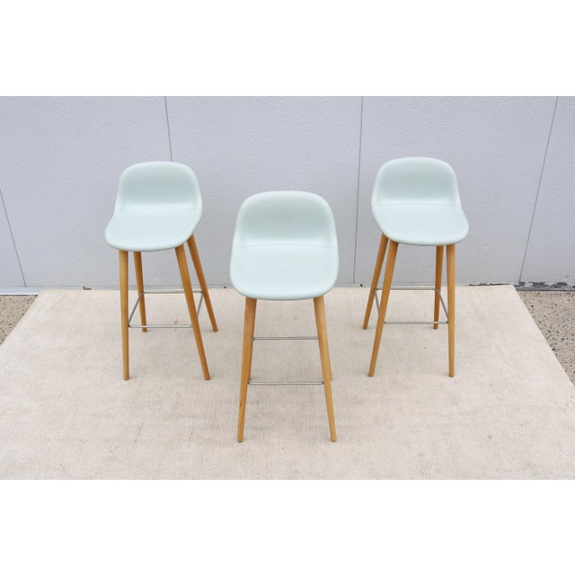 Mid-Century Modern Danish Modern Iskos-Berlin for Muuto Fiber Bar Stools Oak Wood Base - Set of 3 For Sale - Image 3 of 18
