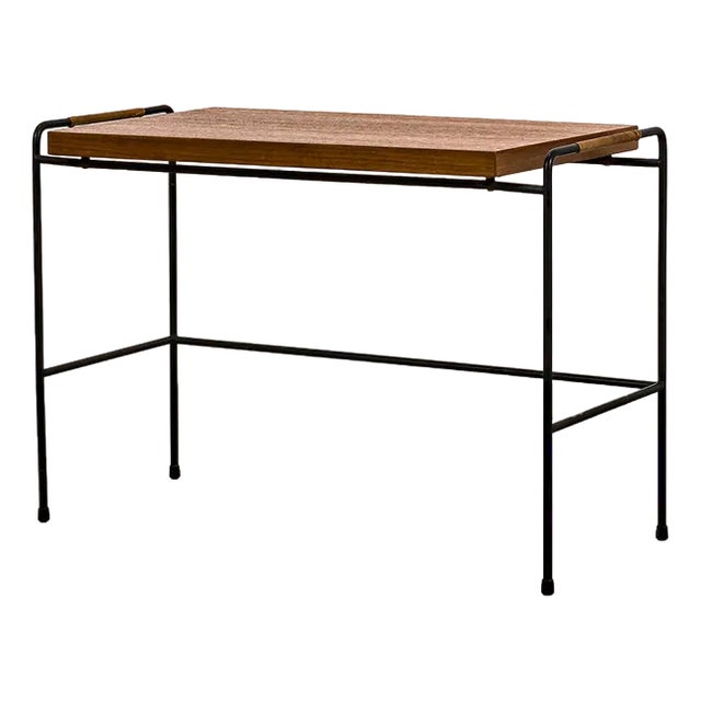 Side Table with Teak Top and Wire Metal Frame For Sale