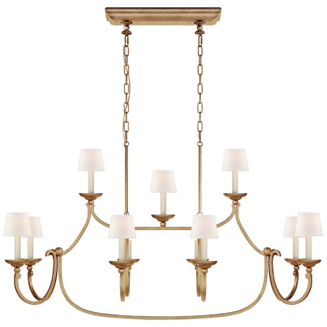 Chapman & Myers for Visual Comfort Signature Flemish Large Linear Pendant in Gilded Iron with Linen Shades For Sale