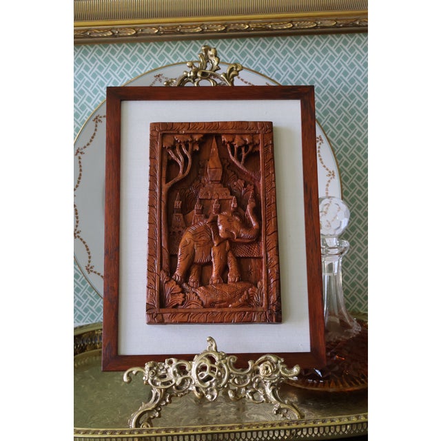 Late 20th Century Vintage Southeast Asian Carved Teak Elephant & Temple Relief on Silk For Sale - Image 5 of 16