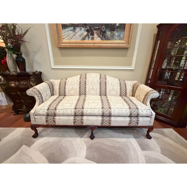 Chippendale Vintage Traditional Chippendale Style Damask & Striped Camelback Sofa With Claw and Ball Feet For Sale - Image 3 of 6