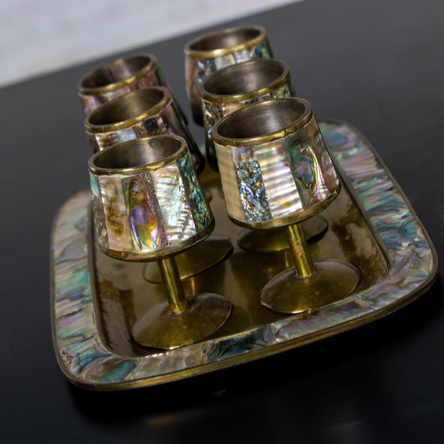 Mid-Century Modern Mid-20th Century MCM 6 Cordial Stemmed Shots and Tray Set Abalone and Brass From Taxco Mexico For Sale - Image 3 of 18