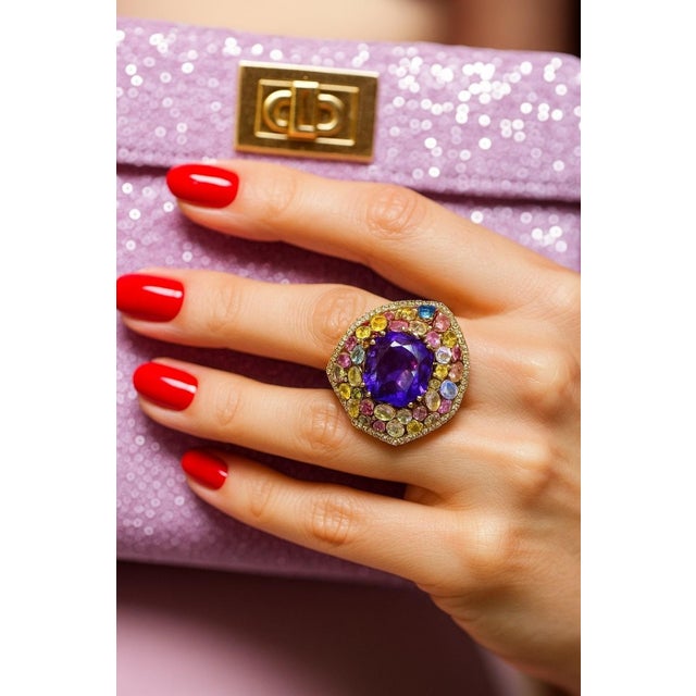 Bochic “Orient” Vintage Sapphire & Amethyst Cocktail Ring 18K Gold & Silver For Sale In New York - Image 6 of 13