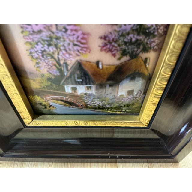French Vintage French Limoges Enamel Plaque Painting by f.j. Carmona – Framed Cottage Landscape For Sale - Image 3 of 5