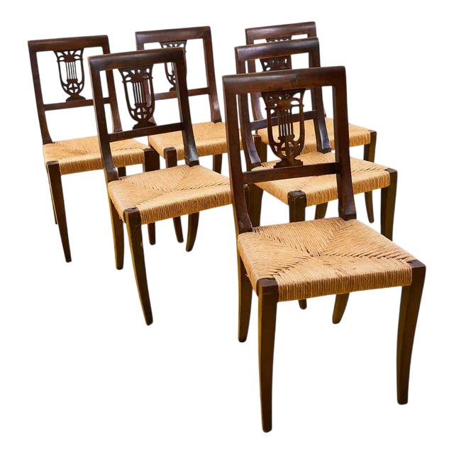 Antique Empire Wooden Chairs with Straw Seats, Set of 6 For Sale