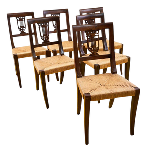 Antique Empire Wooden Chairs with Straw Seats, Set of 6