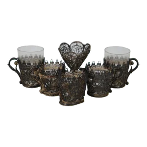 Antique Filigree Shot Glass Cordial Cup Ornate Overlay Clover Shamrock- Set of 6