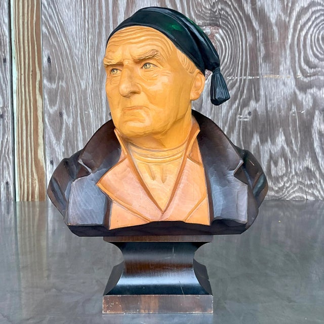 Mid-Century Modern Vintage Boho Carved Wood Bust of Man For Sale - Image 3 of 8