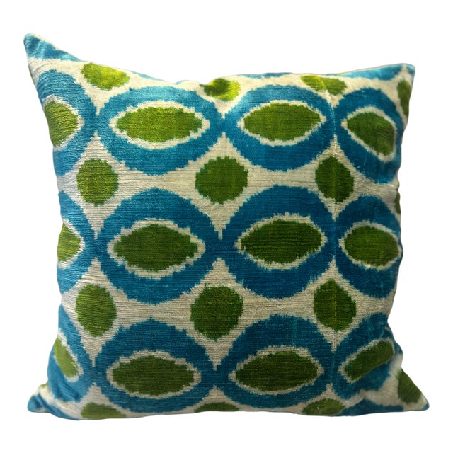 Blue & Green Turkish Silk Velvet Pillow 20x20 For Sale