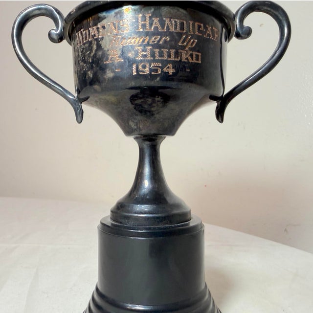 Art Deco Vintage 1954 Woman's Handicap Runner Up Silver Plate Bakelite Trophy Cup Award For Sale - Image 3 of 12
