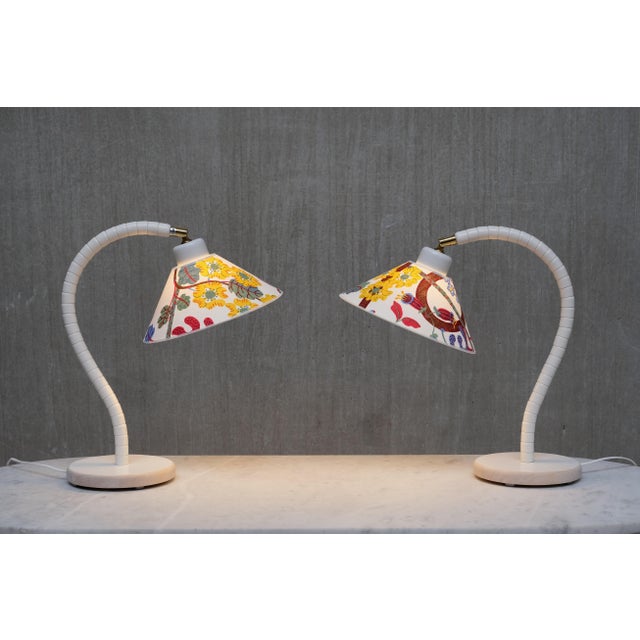 Mid-Century Modern White Table Lamps with Josef Frank Shades from Markslöjd, Sweden, 1970s, Set of 2 For Sale - Image 3 of 13
