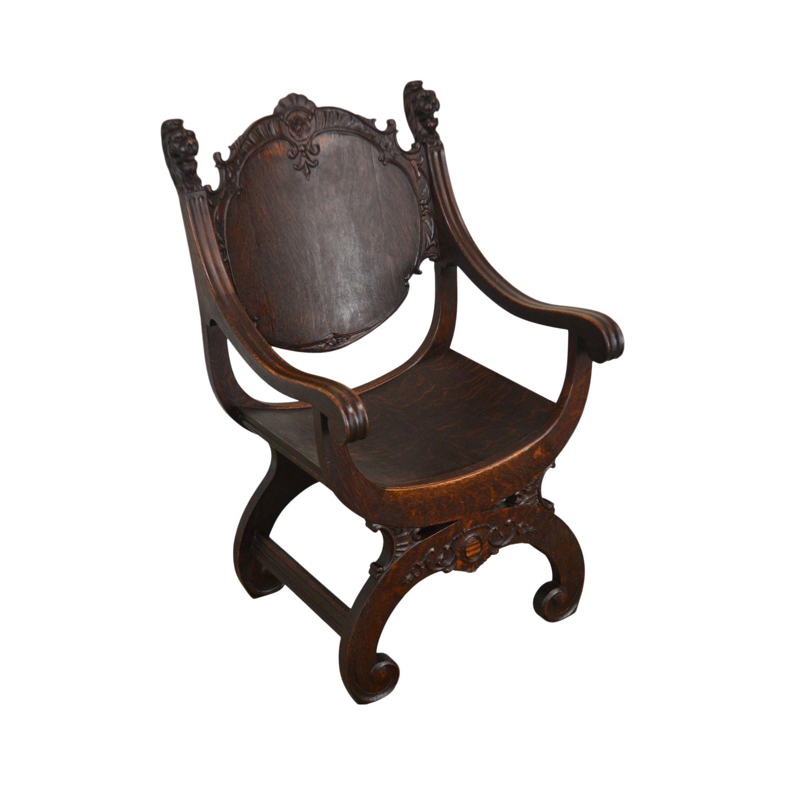 Antique Victorian Oak Lion Head Carved Savonarola Throne Chair Chairish