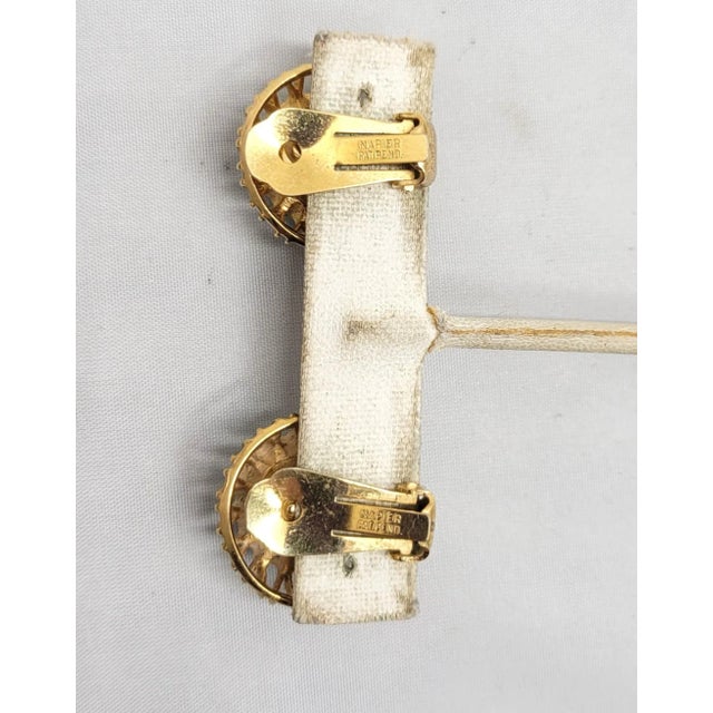 Mid-Century Modern Vintage 1960s Signed Napier Round Goldtone Cabochon Faux-Turquoise Clip Earrings - 2 Pieces For Sale - Image 3 of 8