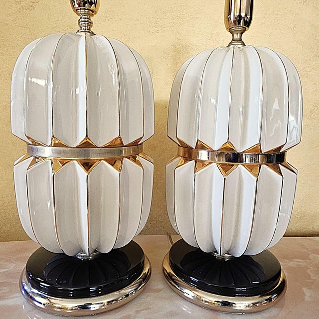 Cream Pair of Vintage Hollywood Regency Ceramic Table Lamps – Styled After Rougier For Sale - Image 8 of 18