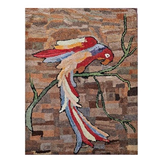 Vintage American Hand Hooked Rug, Pictorial Parrot Design, Folk Art Tapestry, 2x3 For Sale