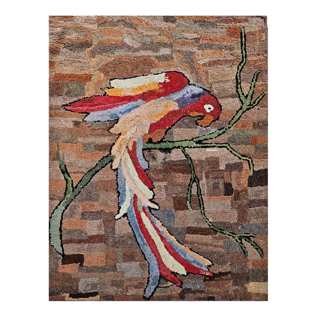 Vintage American Hand Hooked Rug, Pictorial Parrot Design, Folk Art Tapestry, 2x3 For Sale