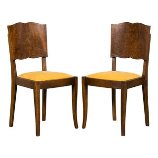 Pair of 1930s French Art Deco Mustache-Back Oak and Walnut Side Accent Chairs For Sale
