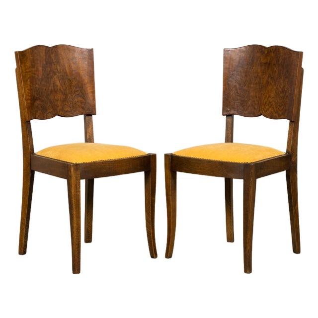 Pair of 1930s French Art Deco Mustache-Back Oak and Walnut Side Accent Chairs For Sale