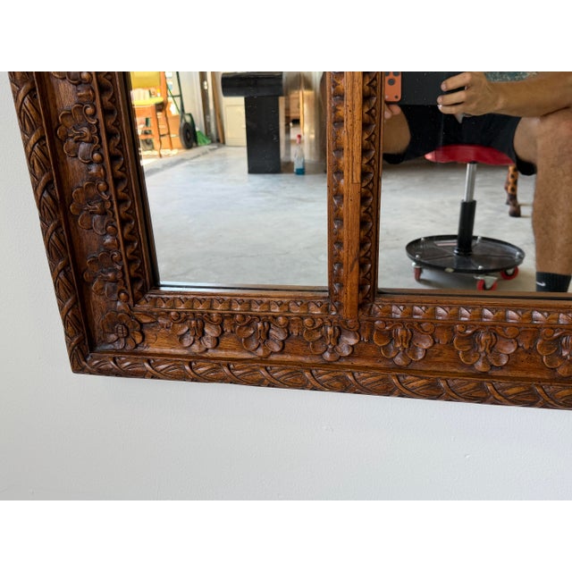 Large John Richard Hand-Carved Walnut Arched Wall Mirror With Ornate Garland Motif For Sale - Image 9 of 12