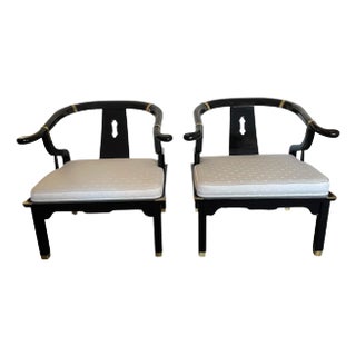 1990s Century Furniture Black Lacquer Chinoiserie Chairs - Set of 2 For Sale