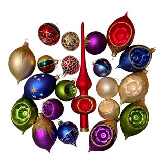 Hand Blown European Christmas Ornament Set With Tree Topper - 21 Pieces For Sale