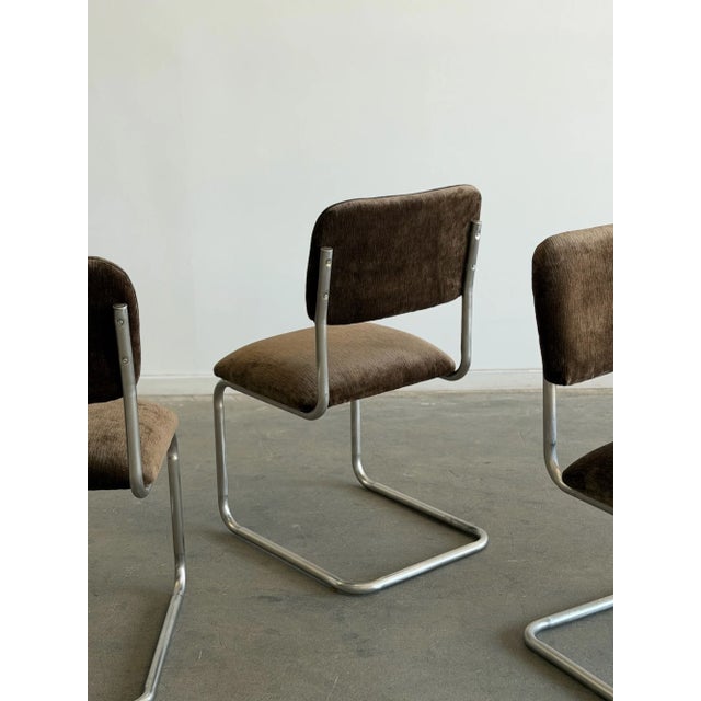 1970s Cantilever Dining Chairs in Brown Chenille - Set of 4 For Sale - Image 10 of 14
