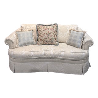 Vintage Ethan Allen Cream Damask Skirted Sofa For Sale