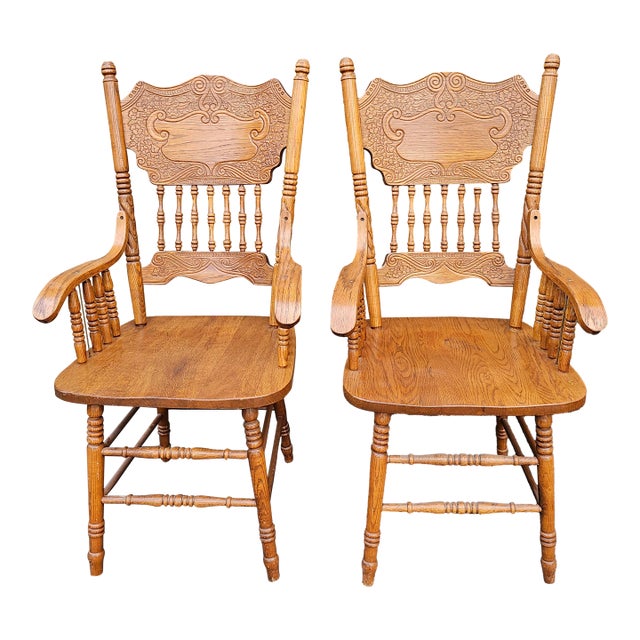 Pair Mid-Century Century Red Oak Pressback Armchairs For Sale