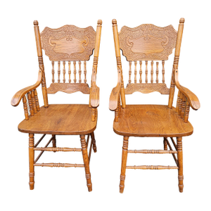 Pair Mid-Century Century Red Oak Pressback Armchairs