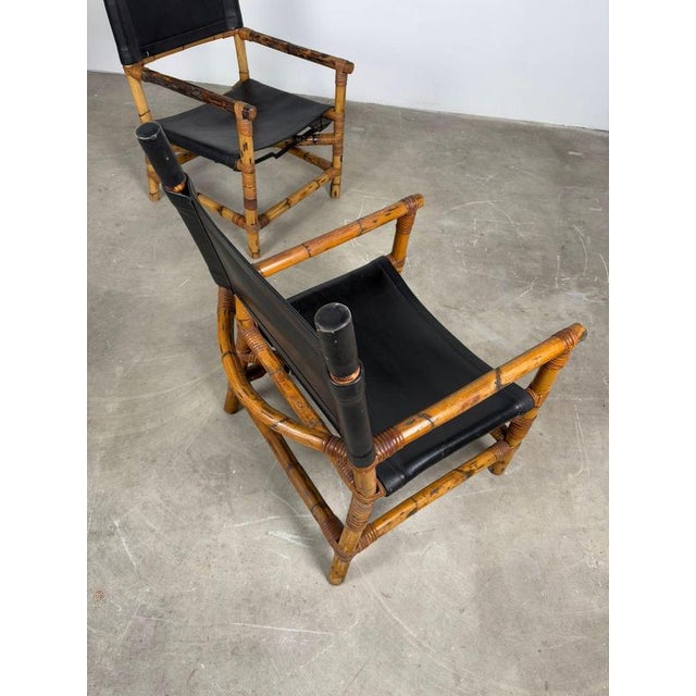 Italian Bamboo and Leather Lounge Chairs, 1970s, Set of 2 For Sale - Image 4 of 12