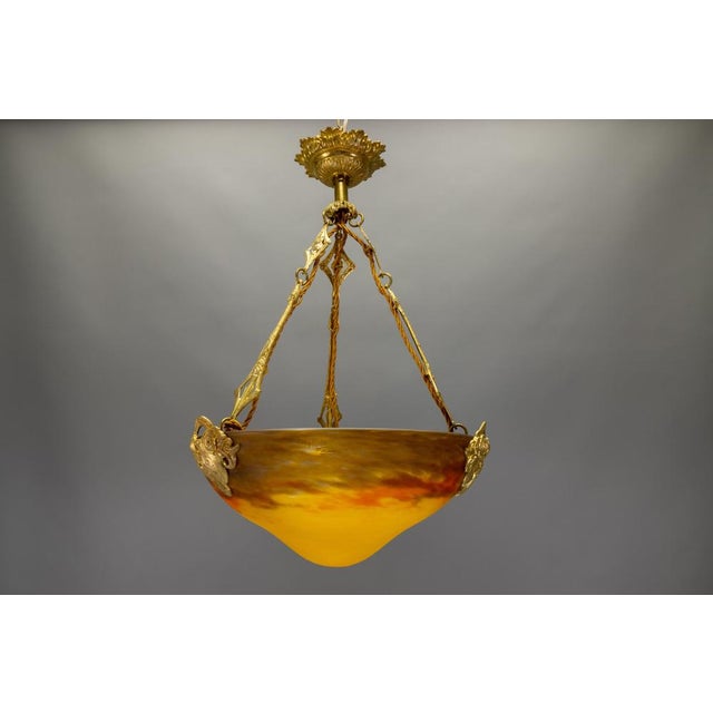 French Art Nouveau Pâte de Verre Glass and Bronze Pendant Lamp from Muller Frères, 1920 For Sale - Image 15 of 18