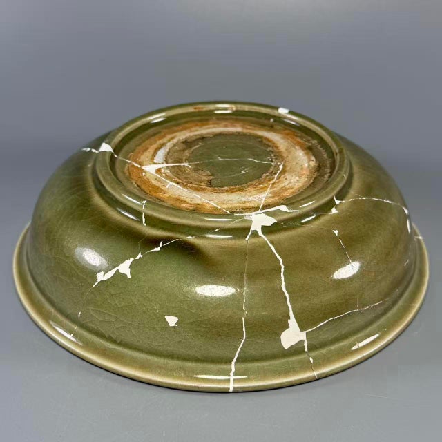 Ceramic Antique Chinese Longquan Celadon Plate With Twin Fish Relief, Restored For Sale - Image 7 of 8