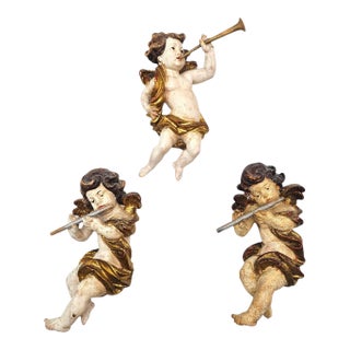 Italian Hand Carved Gilt Wood Putti Wall Sculptures – Set of Three For Sale