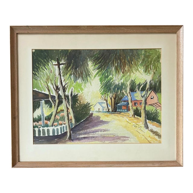 Vintage Original Large Framed Watercolor of a Beach Town Street Scene For Sale