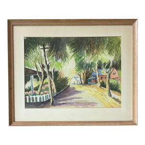 Vintage Original Large Framed Watercolor of a Beach Town Street Scene