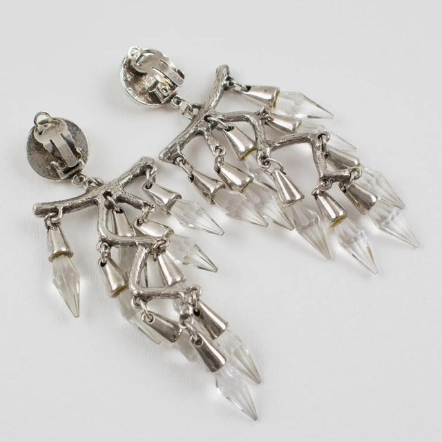 1980s Faceted Crystal Drops Chandelier Silver Plate Clip Earrings For Sale - Image 5 of 8