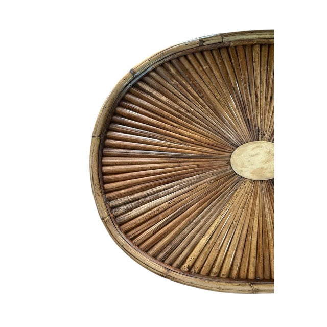 Hollywood Regency Vintage Rare Signed Gabriella Crespi “Rising Sun” Bamboo Rattan and Brass Oval Tray For Sale - Image 3 of 6
