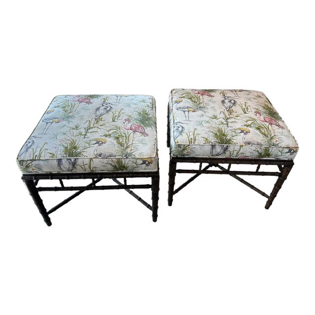 Vintage Faux Bamboo Ottomans Benches Stools Birds New Upholstery -A Pair For Sale