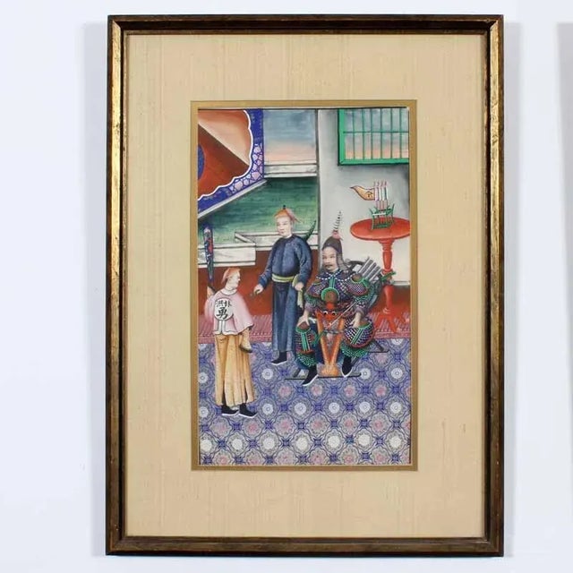 A pair of Chinese pith paintings, depicting 19th century interior scenes, in later gilt frames.