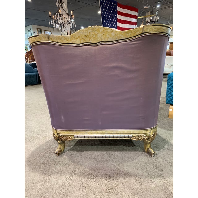 Lavender Silk Sofa Chair With Ornate Wood Frame and Pillow For Sale - Image 4 of 12