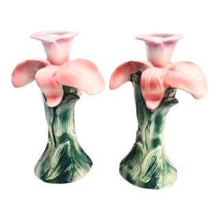 Vintage Italian Ceramic Floral Tulip Pink Green Taper Candle Holders- a Pair For Sale