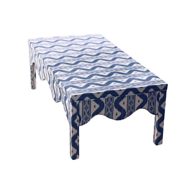 Custom Scalloped Coffee Table in Blue Ikat For Sale - Image 15 of 16