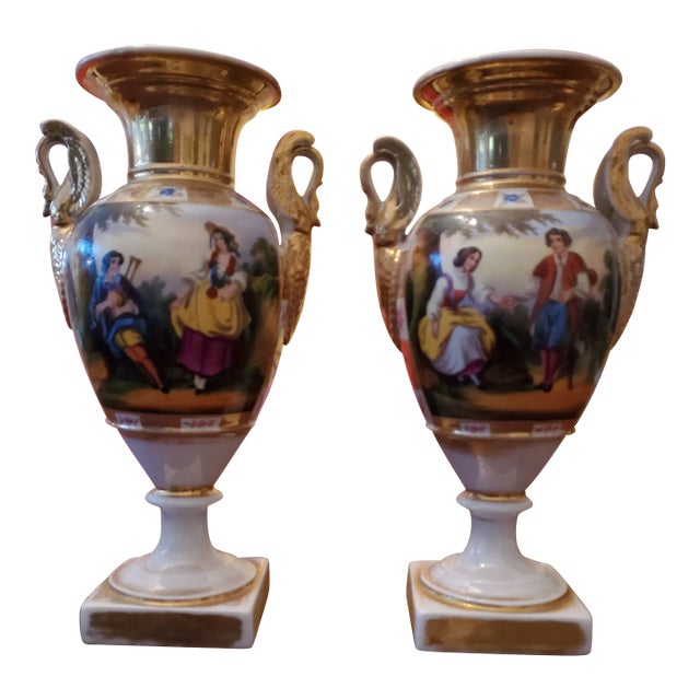 Antique French Empire Paris Porcelain Swan Vases- a Pair For Sale